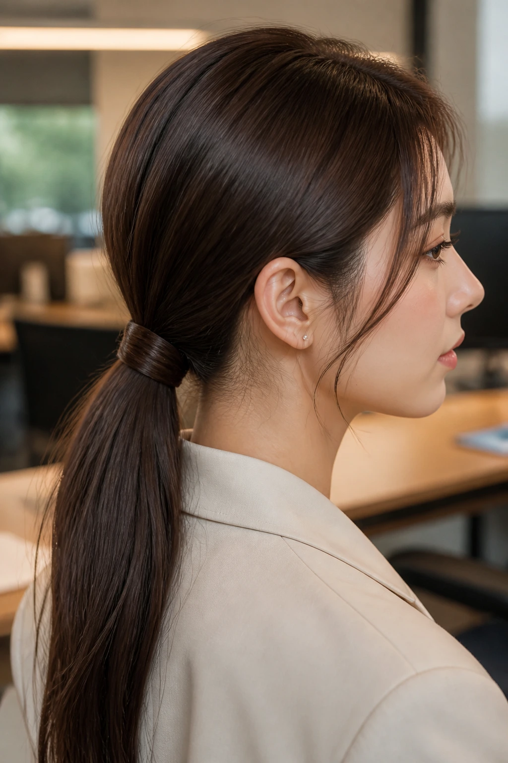 Close-up portrait of a real person with a low ponytail wrapped base hairstyle
