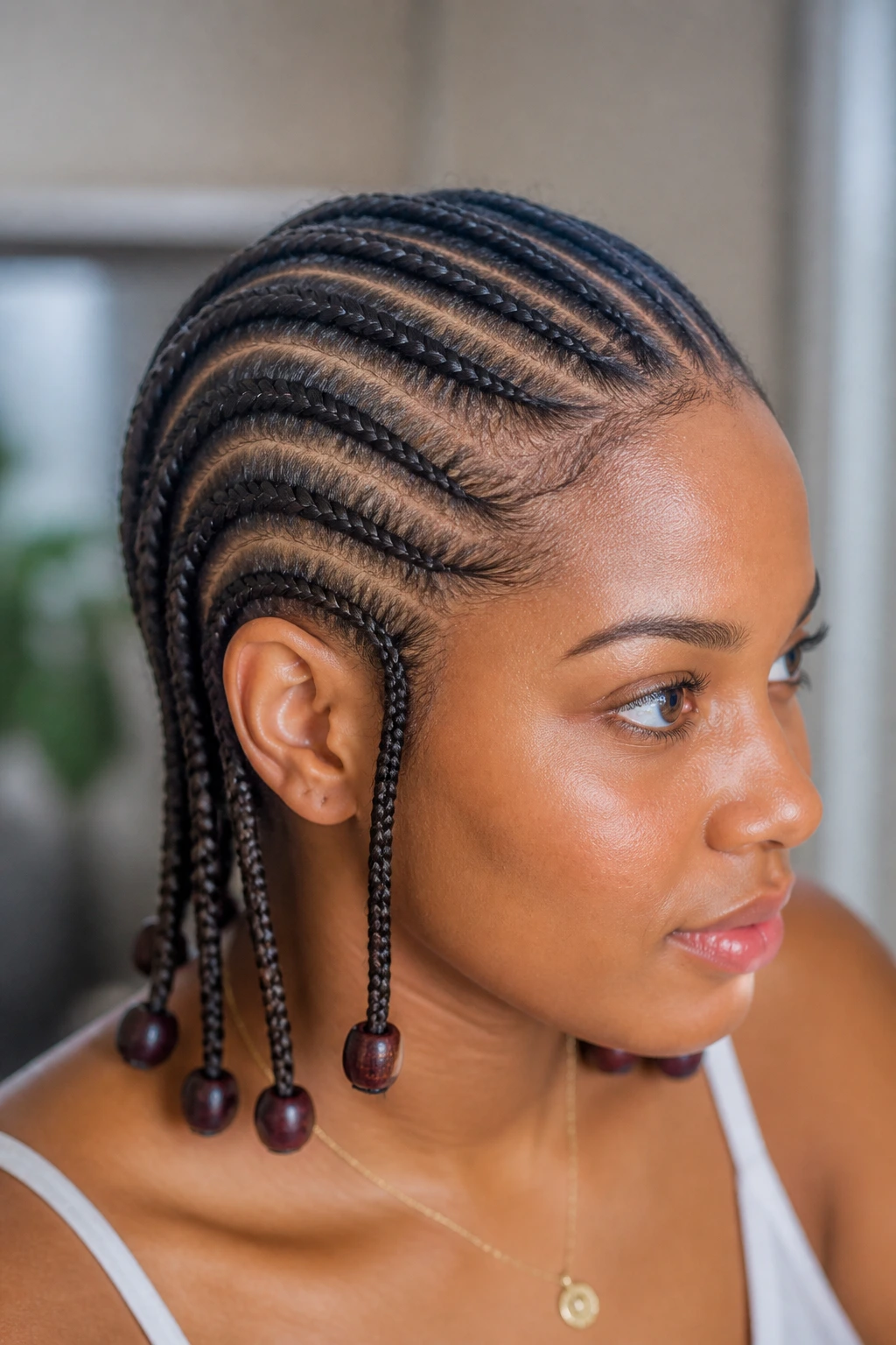Real woman with low-profile braids and wooden bead ends close-up