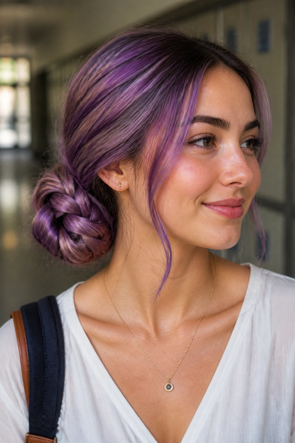 Close-up of a real woman with amethyst hair in a low side-braid bun in a school hallway