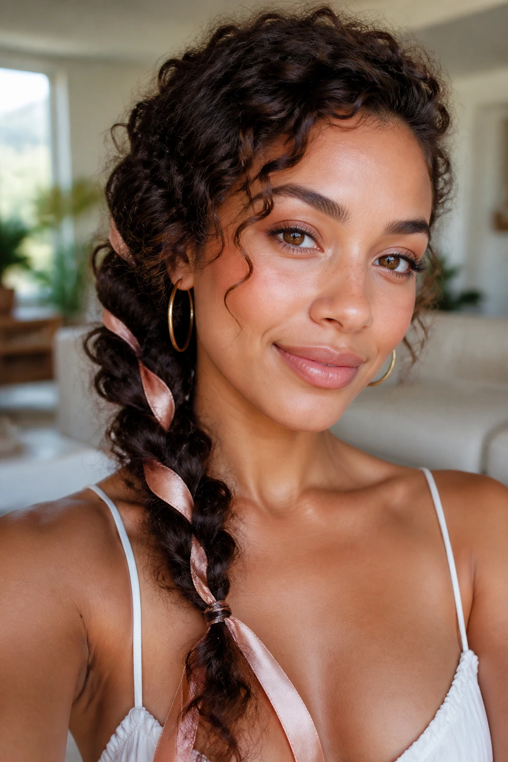 Close-up of a real woman wearing a low side braid with a ribbon woven through it.