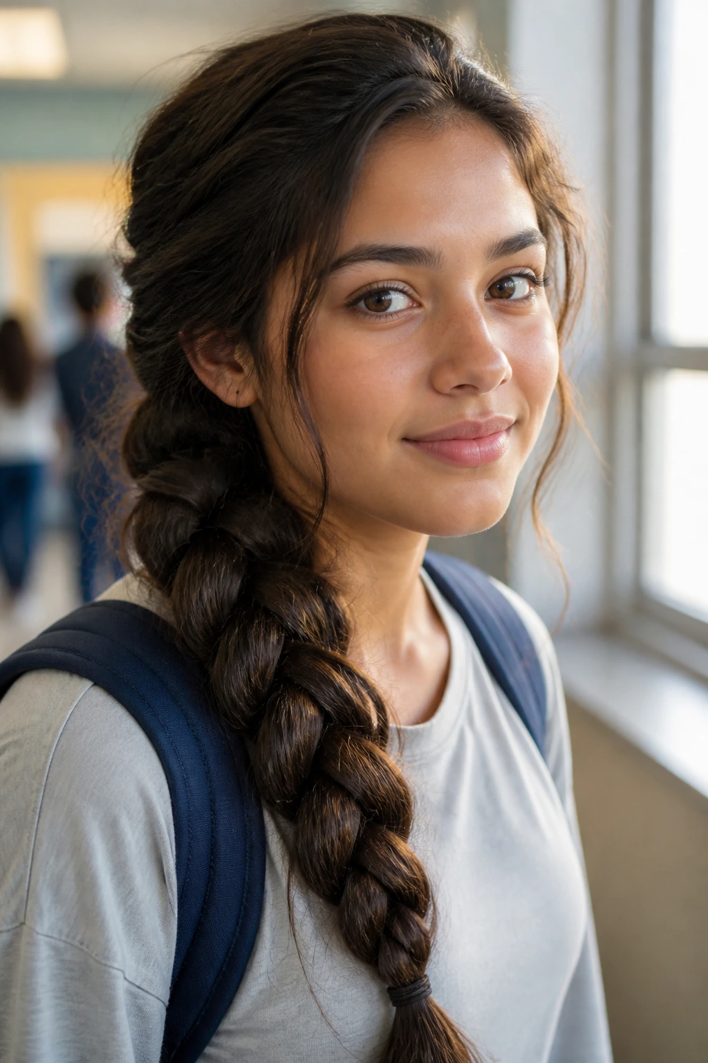Close-up of a real student with a low side braid on thick hair