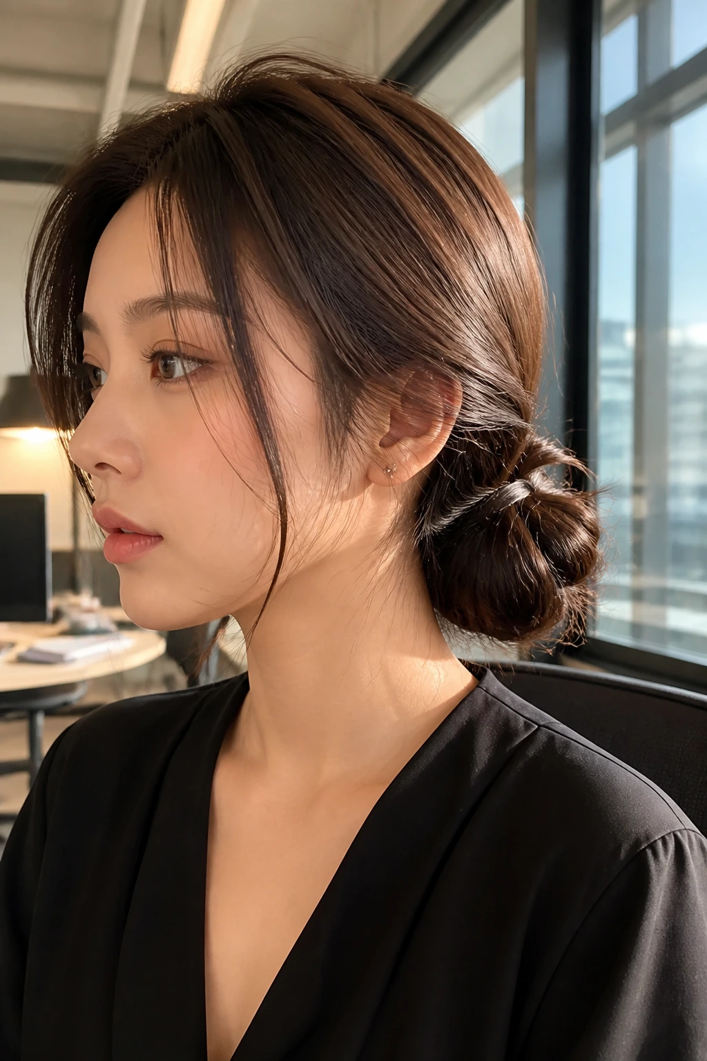 Real woman with a low side bun in an office setting