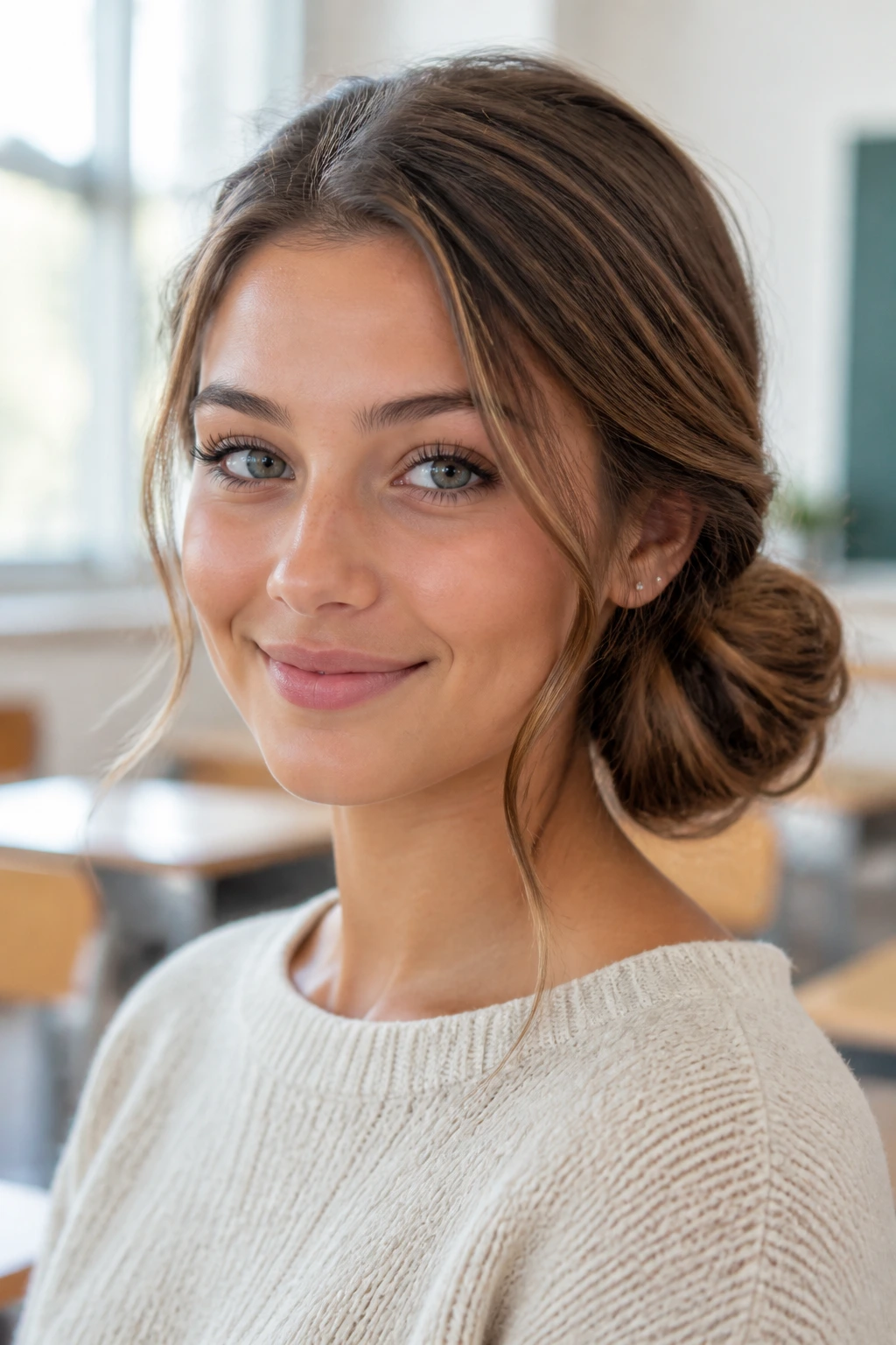 Close-up of real woman with a loose low side bun behind the ear.