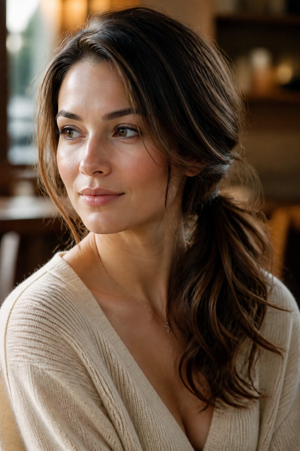 Medium close-up of a real woman with a side-swept low ponytail.