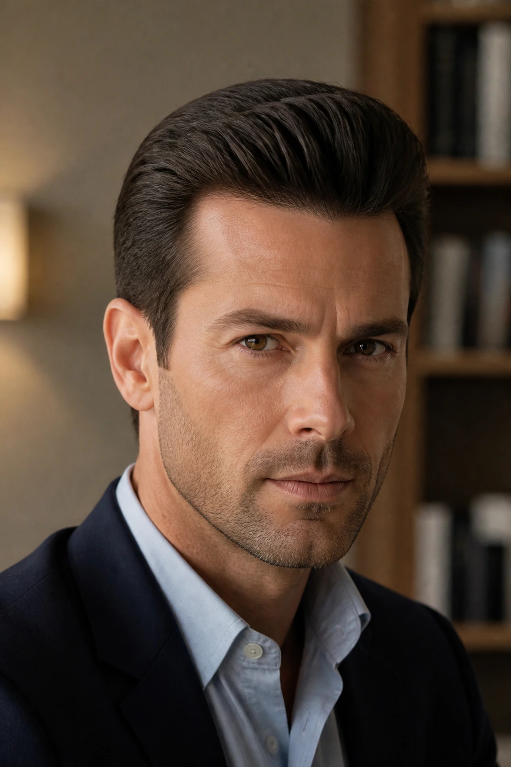 Close-up of a real man with a low-volume pompadour and smooth finish in office lighting