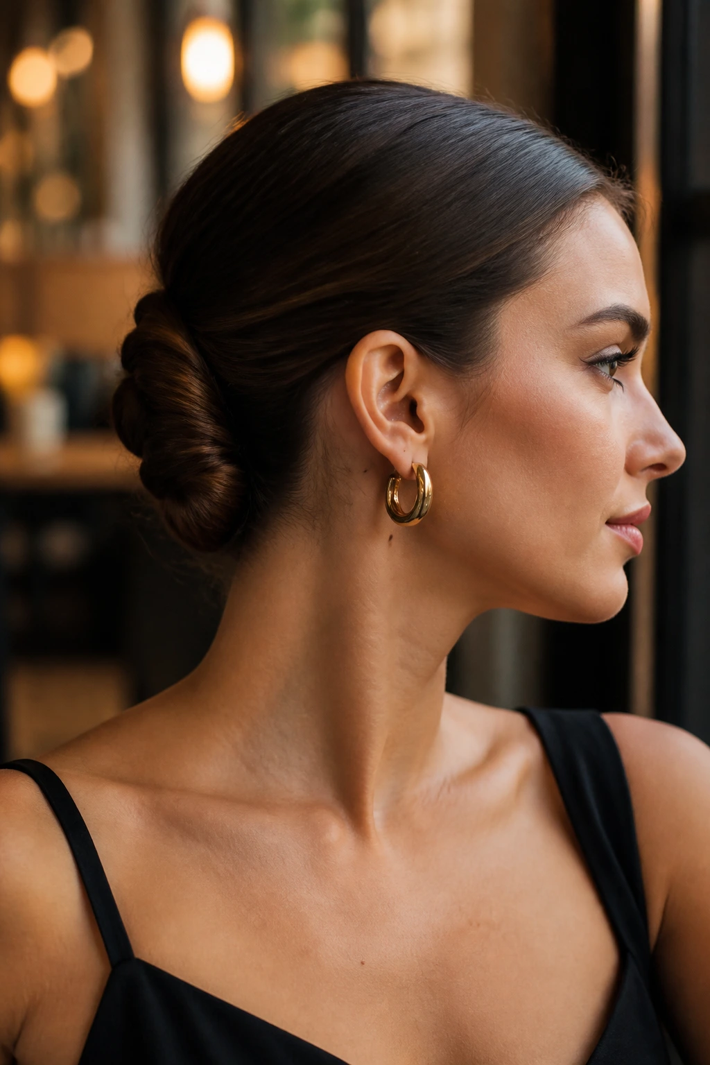Portrait of a woman with a low sleek twist hairstyle.