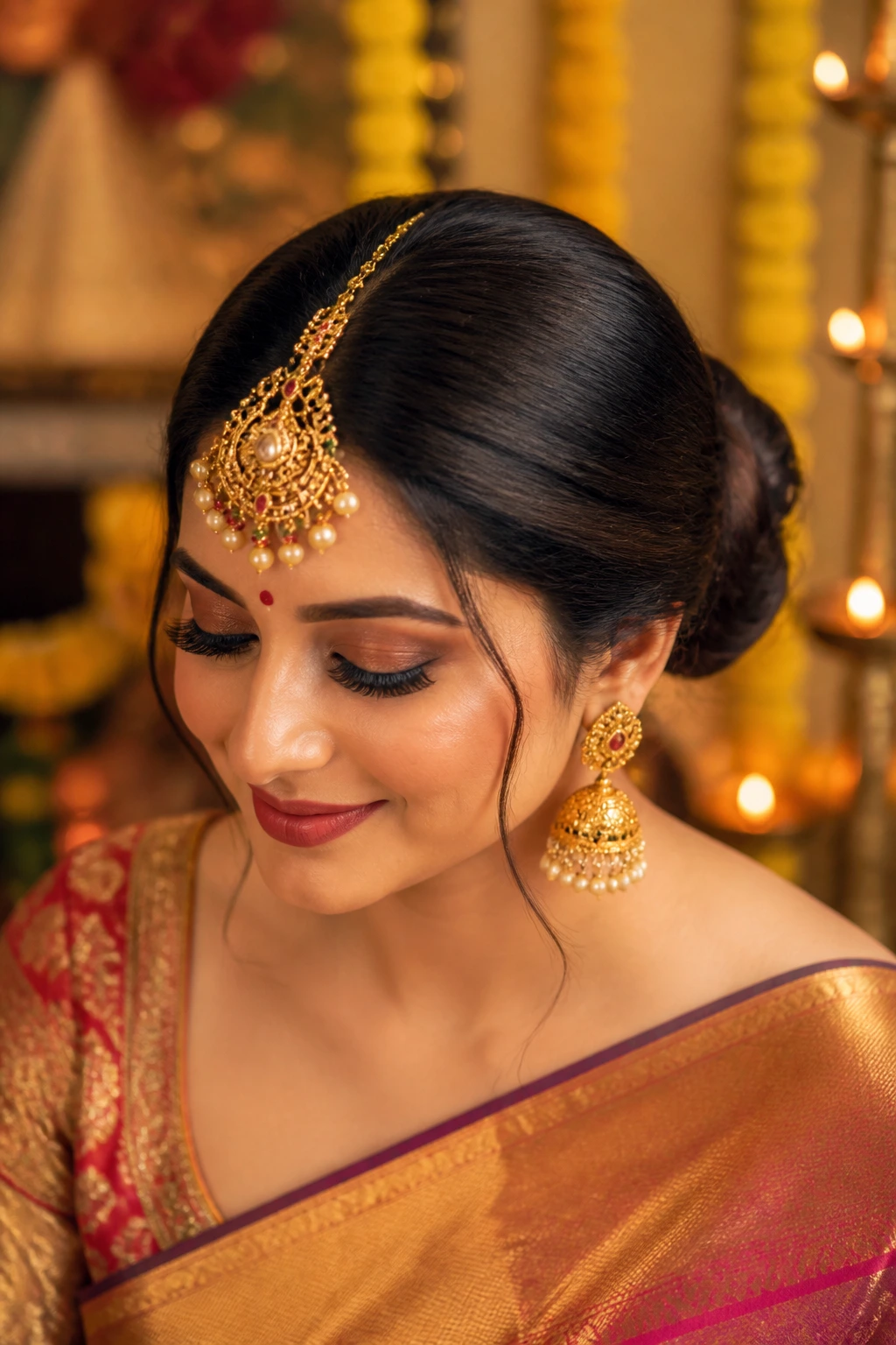 Close-up of traditional bun with maang tika on a real woman