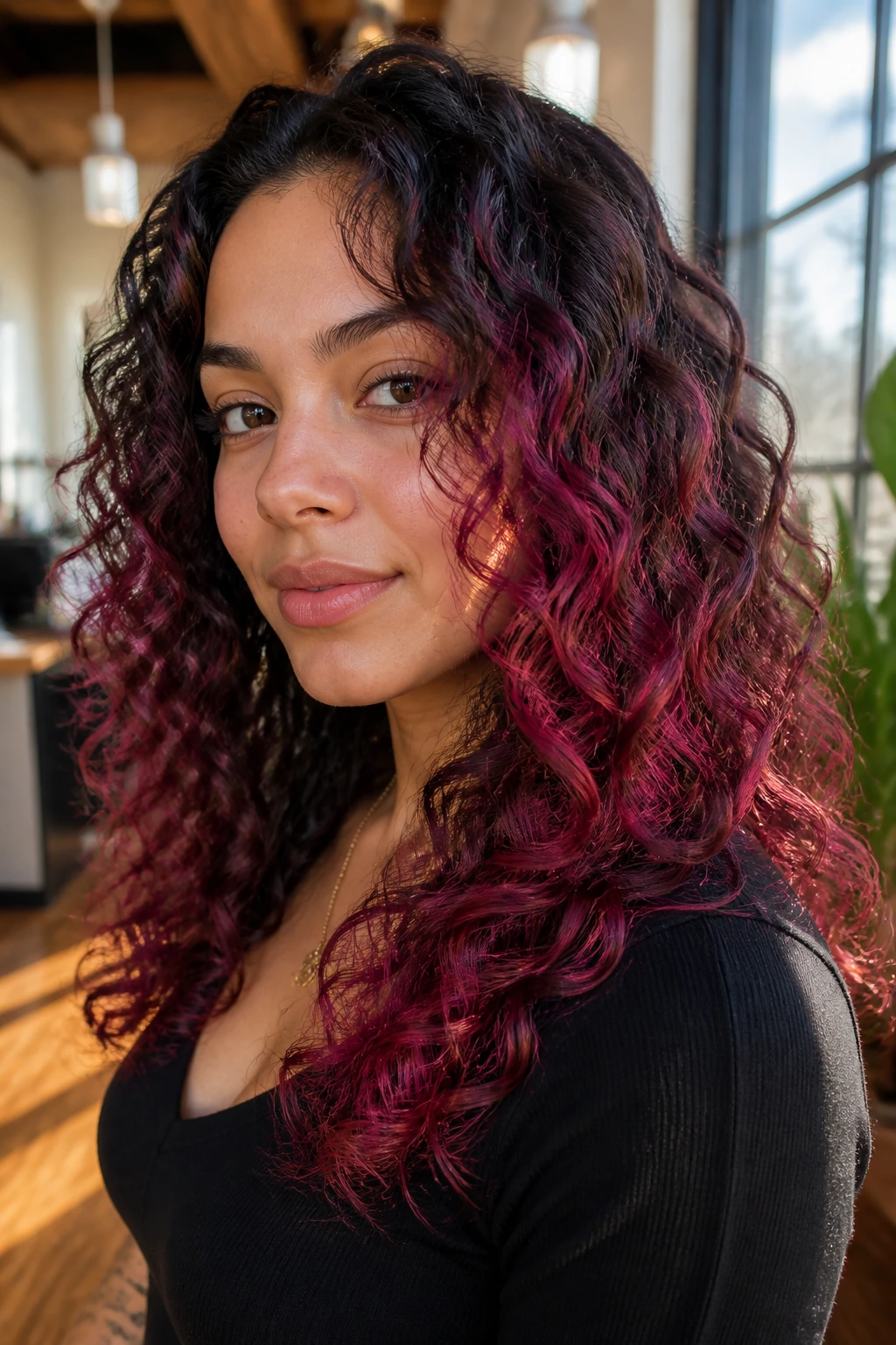 Close-up of a real woman with deep magenta balayage on dark curls in a sunlit salon