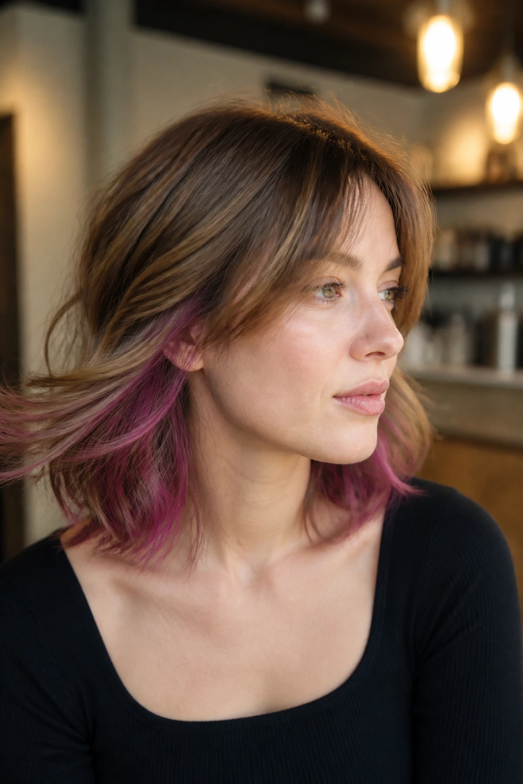 Close-up of a real person with deep magenta hidden layers hair