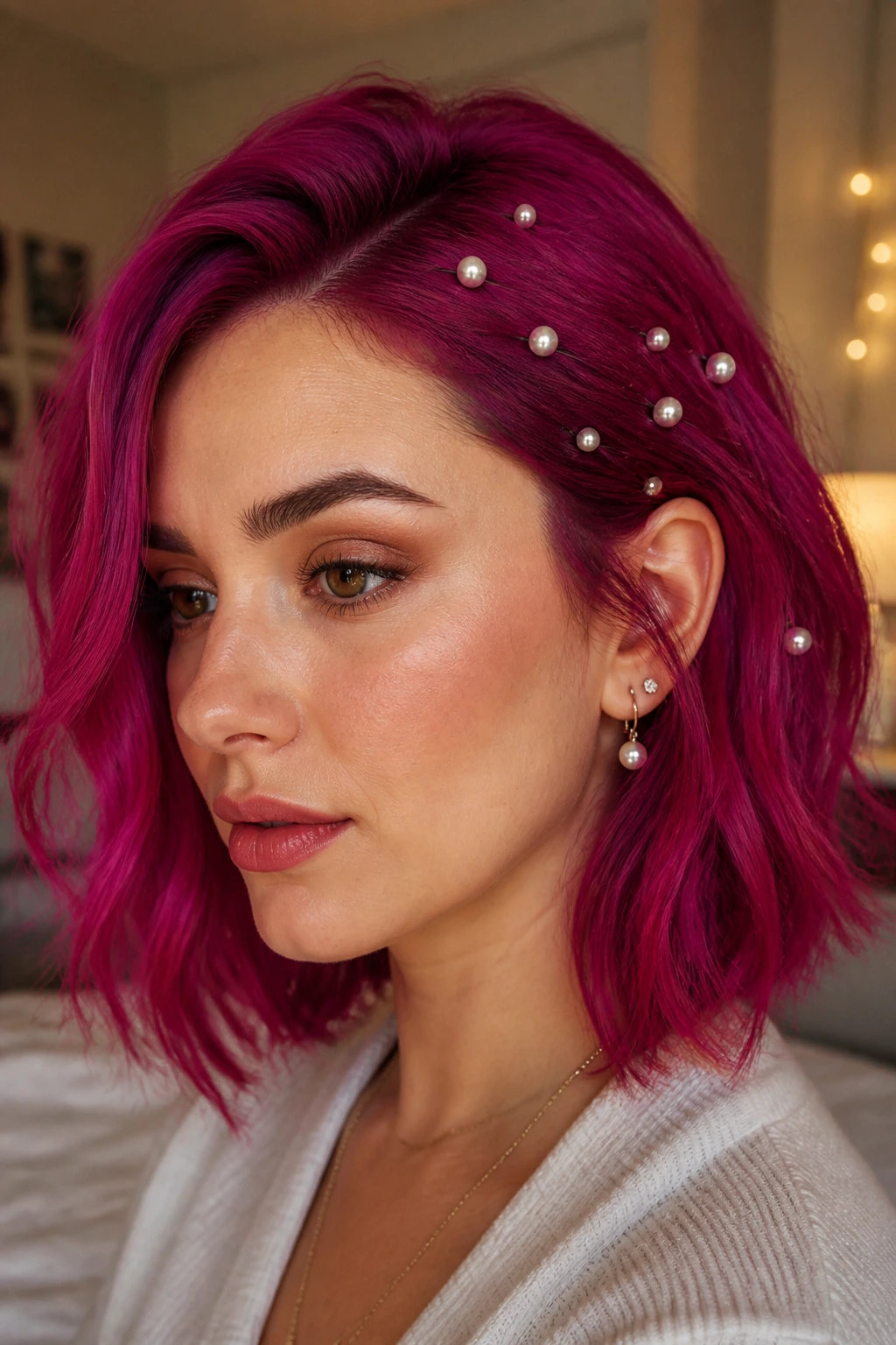 Close-up magenta lob with scattered pearl pins