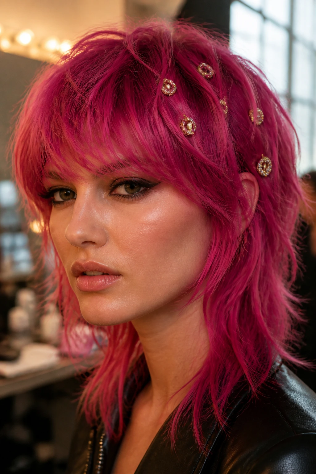 Close-up of a real woman with magenta shag and jeweled hair rings