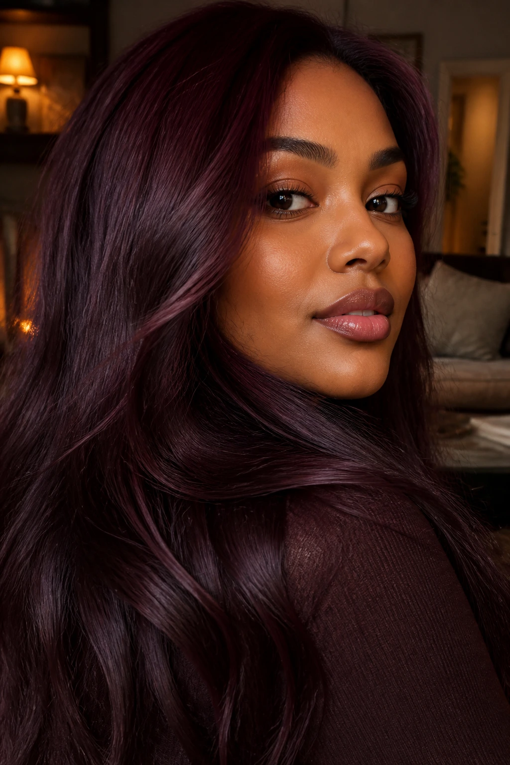 Mahogany Chocolate hair on a real woman with deep red-brown and violet undertones in a close-up portrait.
