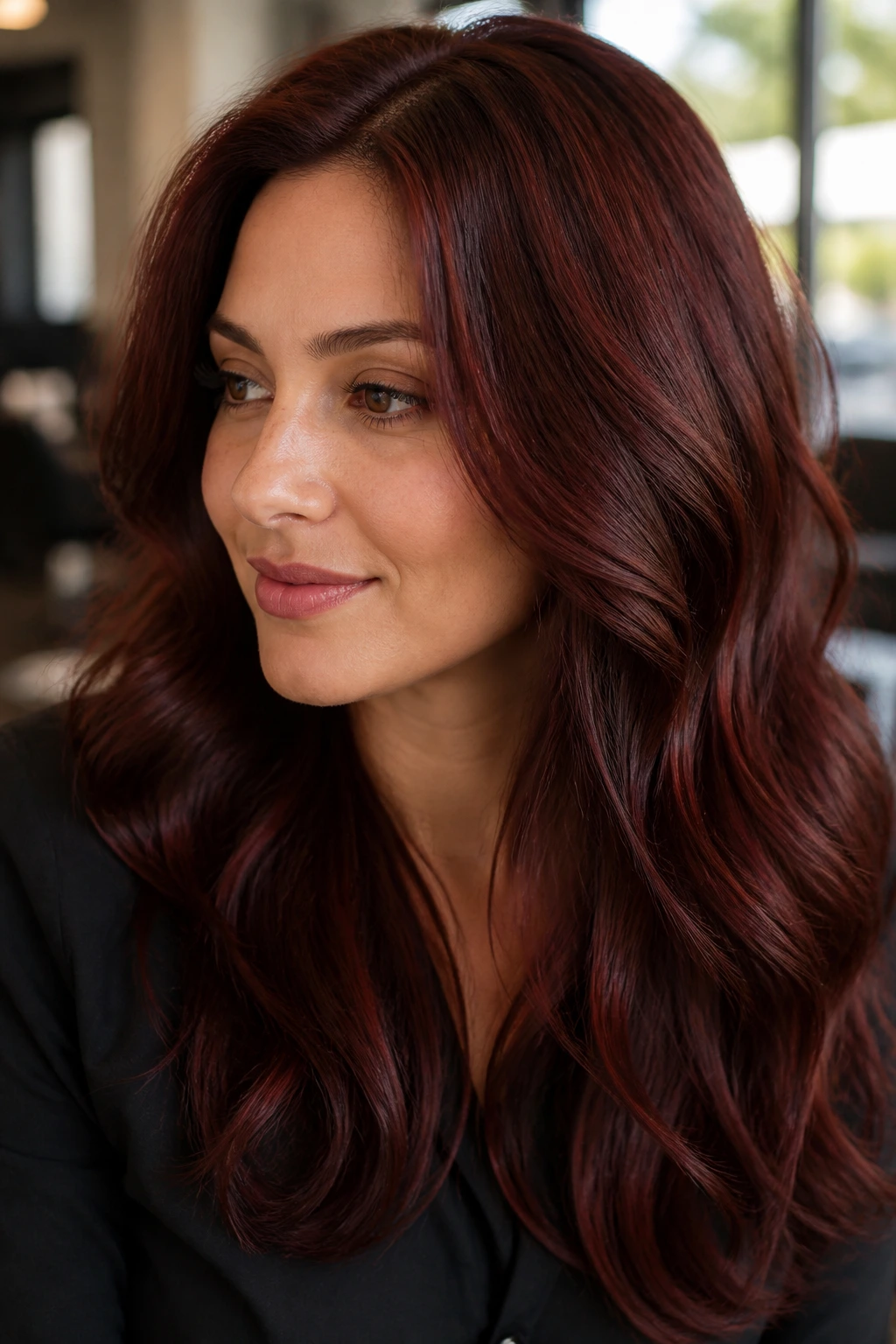 Close-up portrait of a woman with warm mahogany hair color highlighting reddish tones