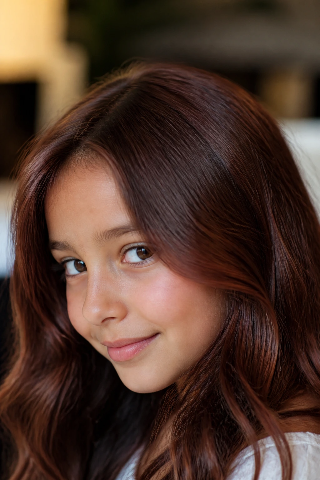 Close-up of real person's hair with subtle mahogany undertones in warm light