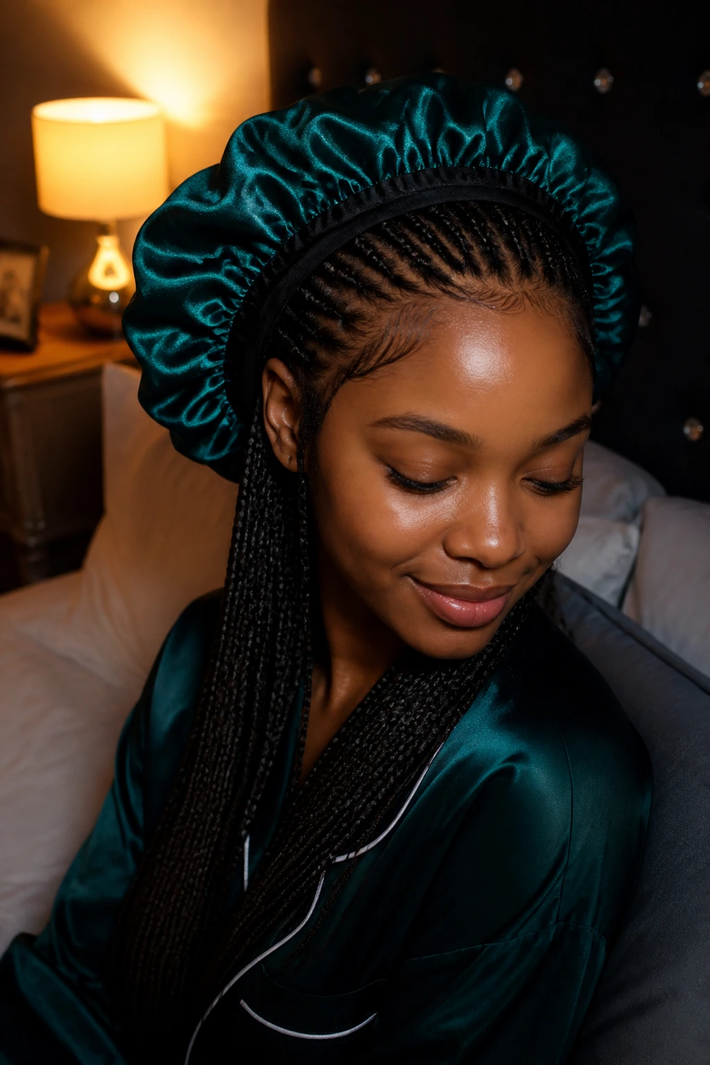 Close-up of a real woman wearing a satin bonnet protecting micro cornrows.
