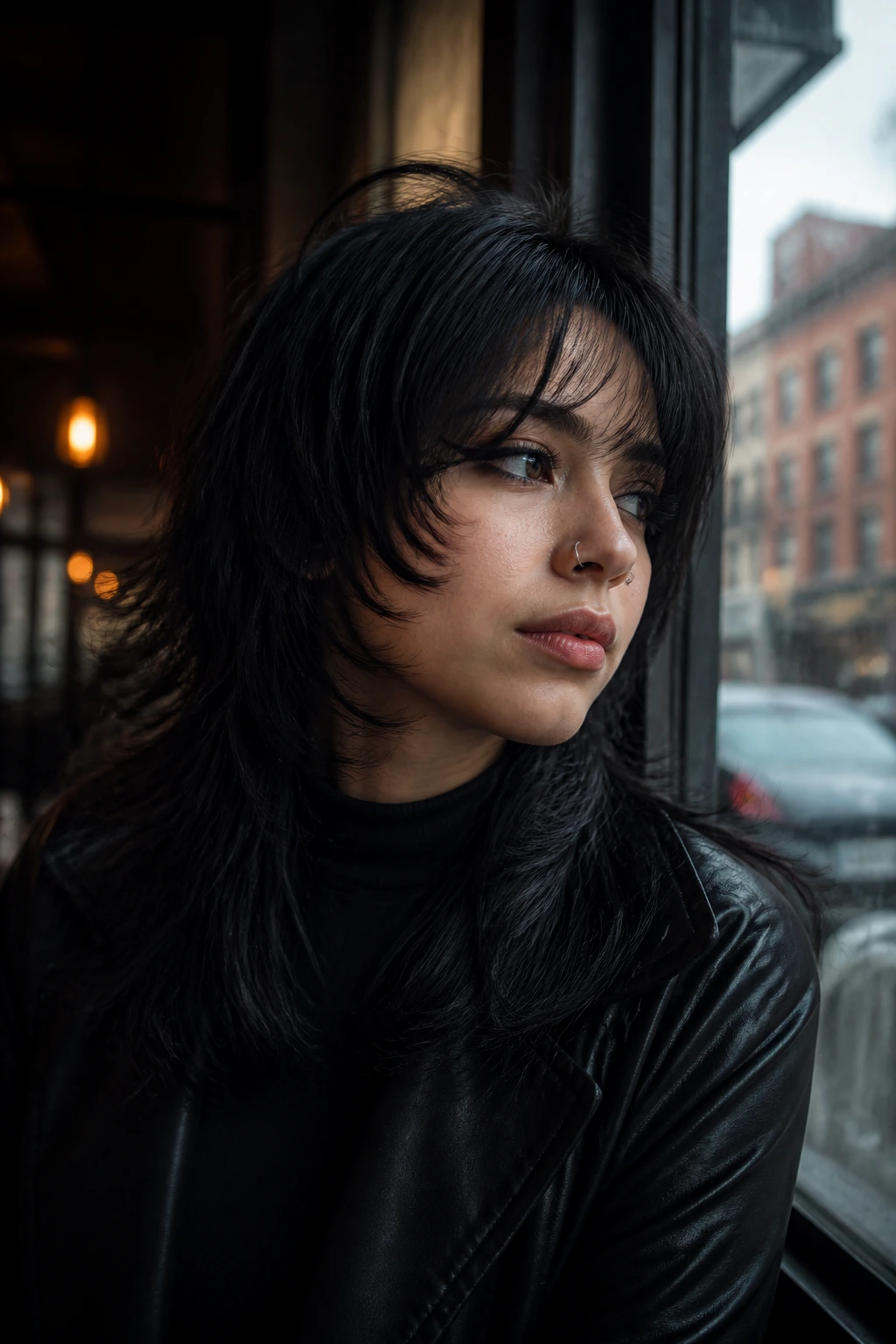 Close-up of a real woman with jawline-length layered mall goth hair in moody cafe light