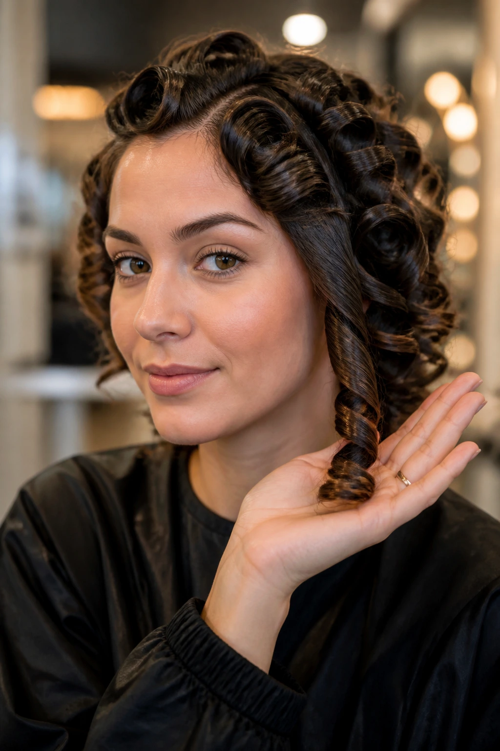 Close-up of a real woman with Marcel iron finger-roll curls