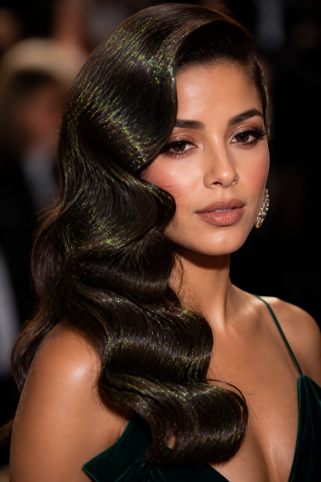 Close-up of side-swept waves with matcha green glitter on wave peaks