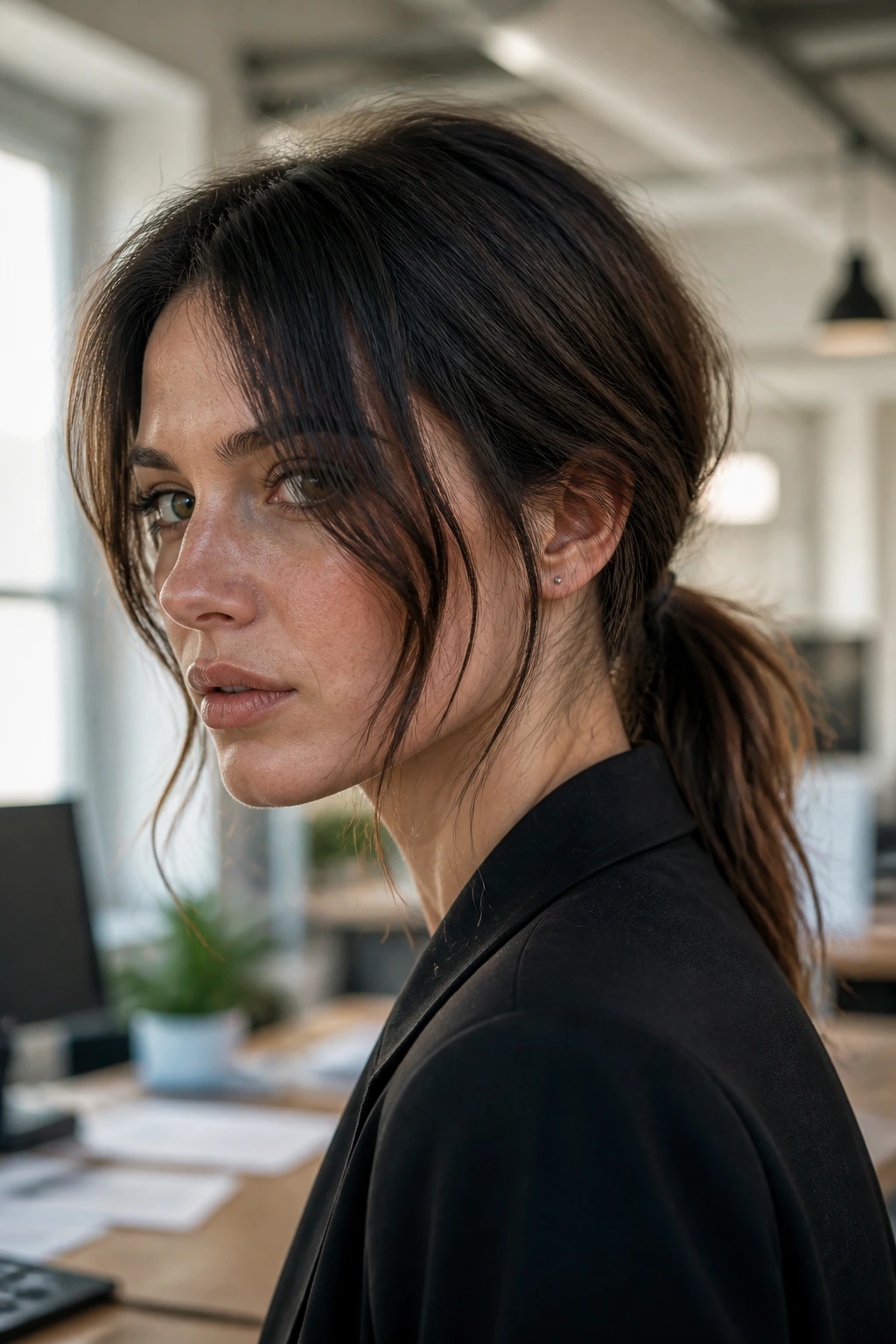 Close-up of a real woman with a matte low ponytail in office light