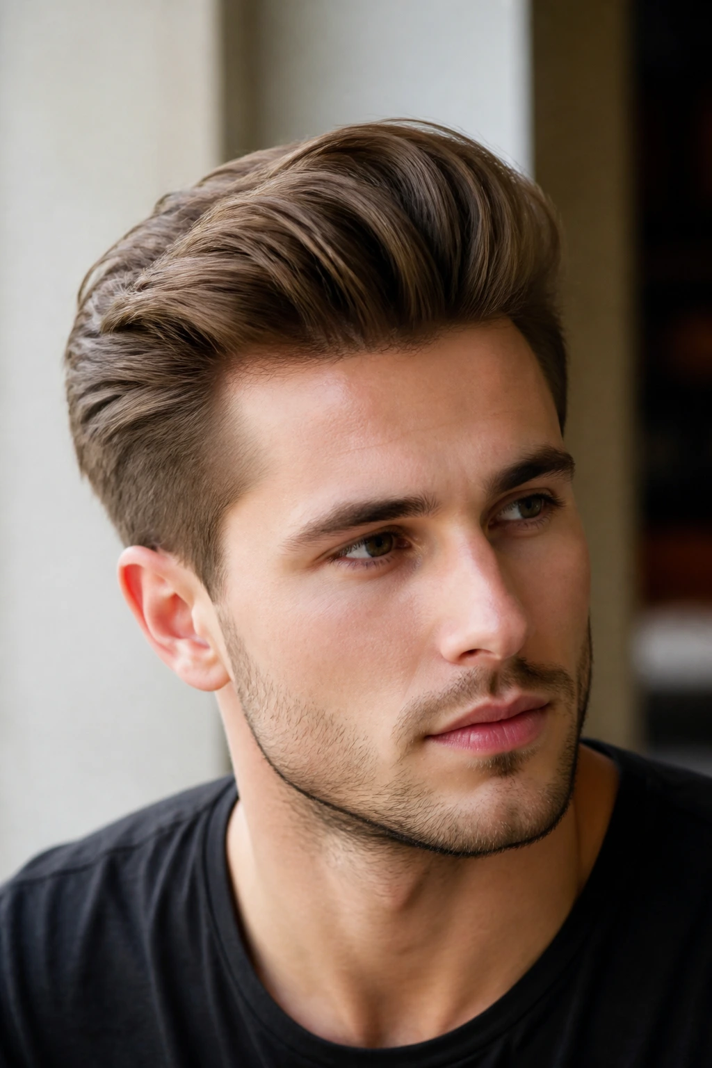 Close-up portrait of a man with a matte natural-finish pompadour