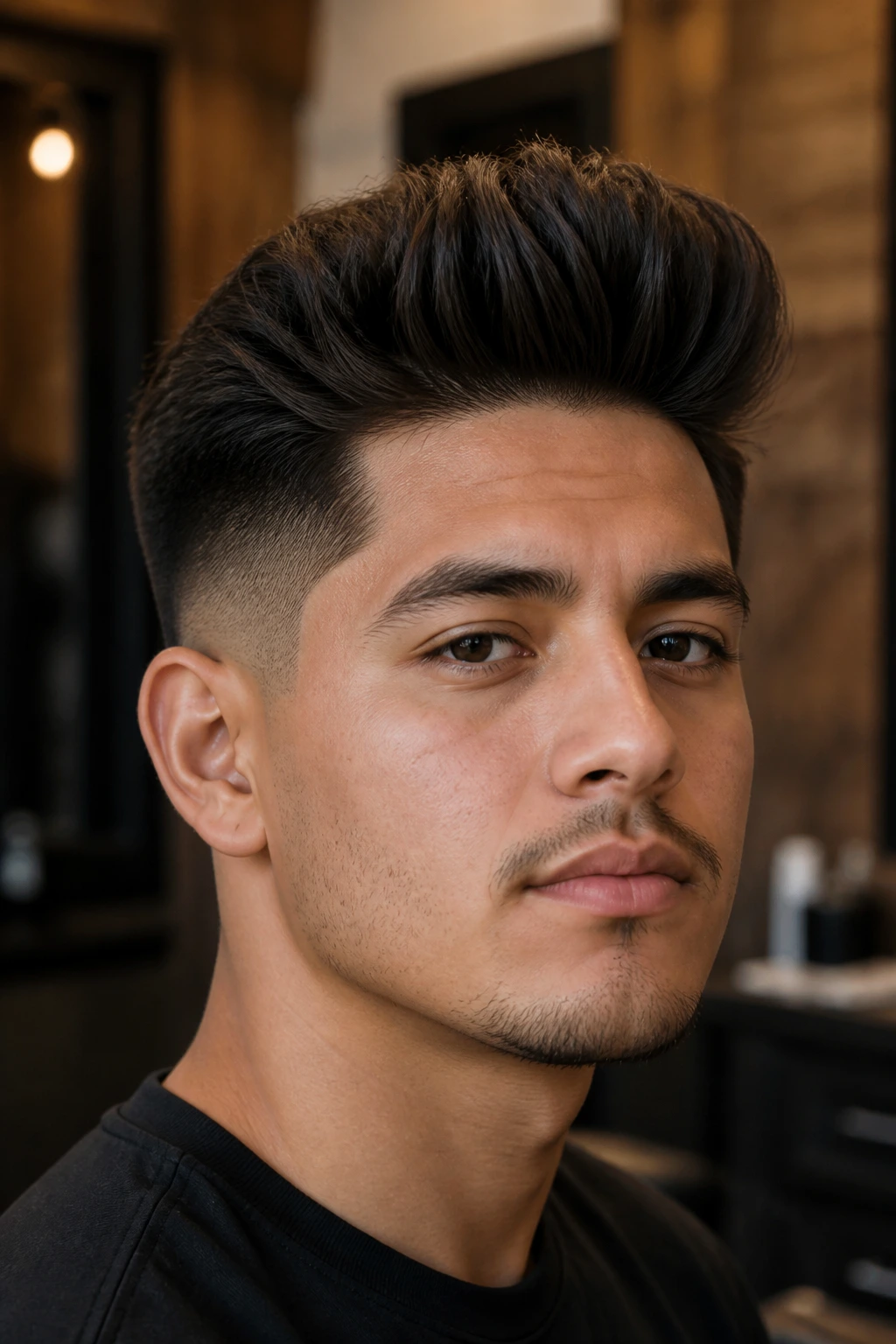 Close-up portrait of a real person with a matte-finished quiff