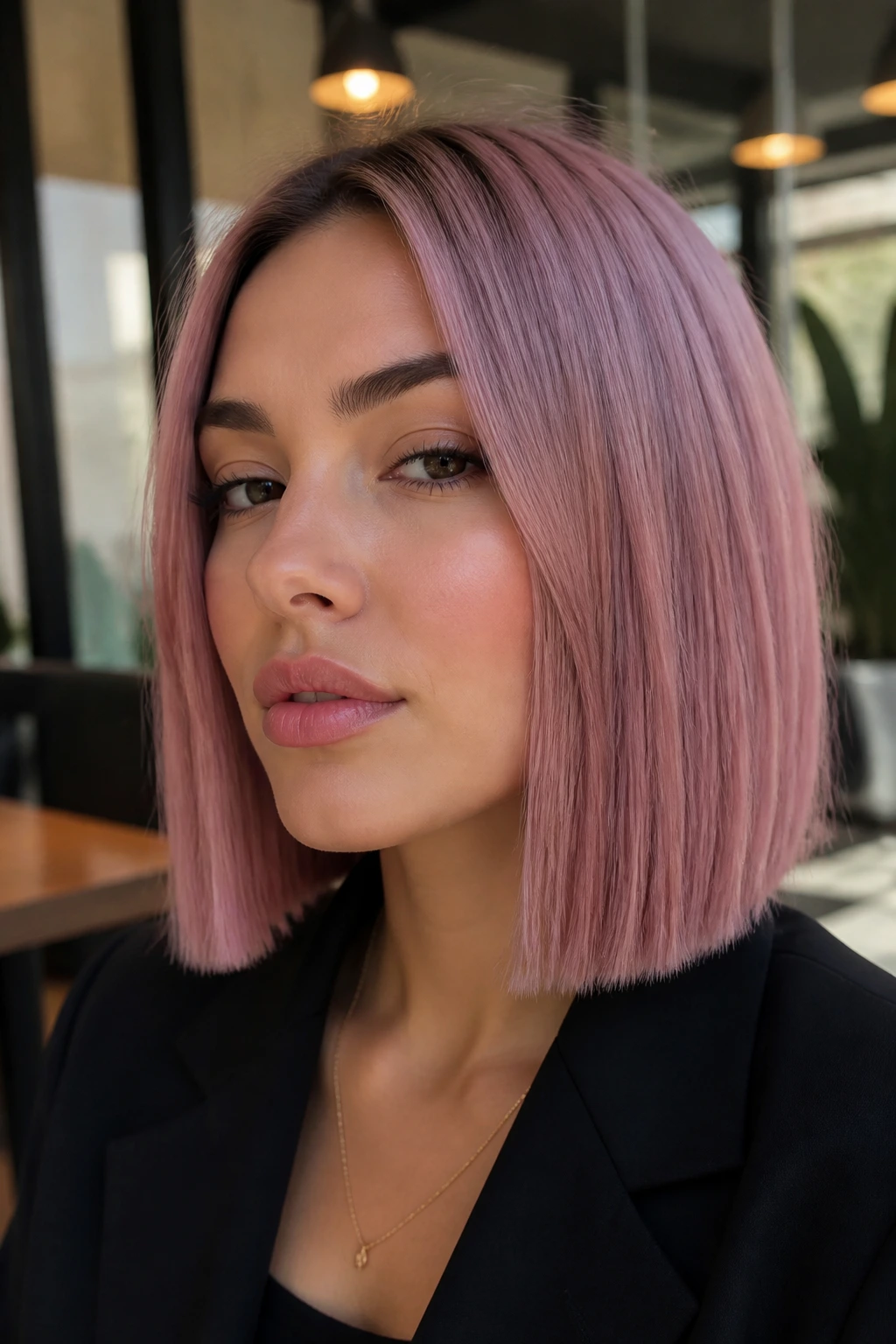 Close-up of a real person with mauve-pink blunt lob in soft morning light