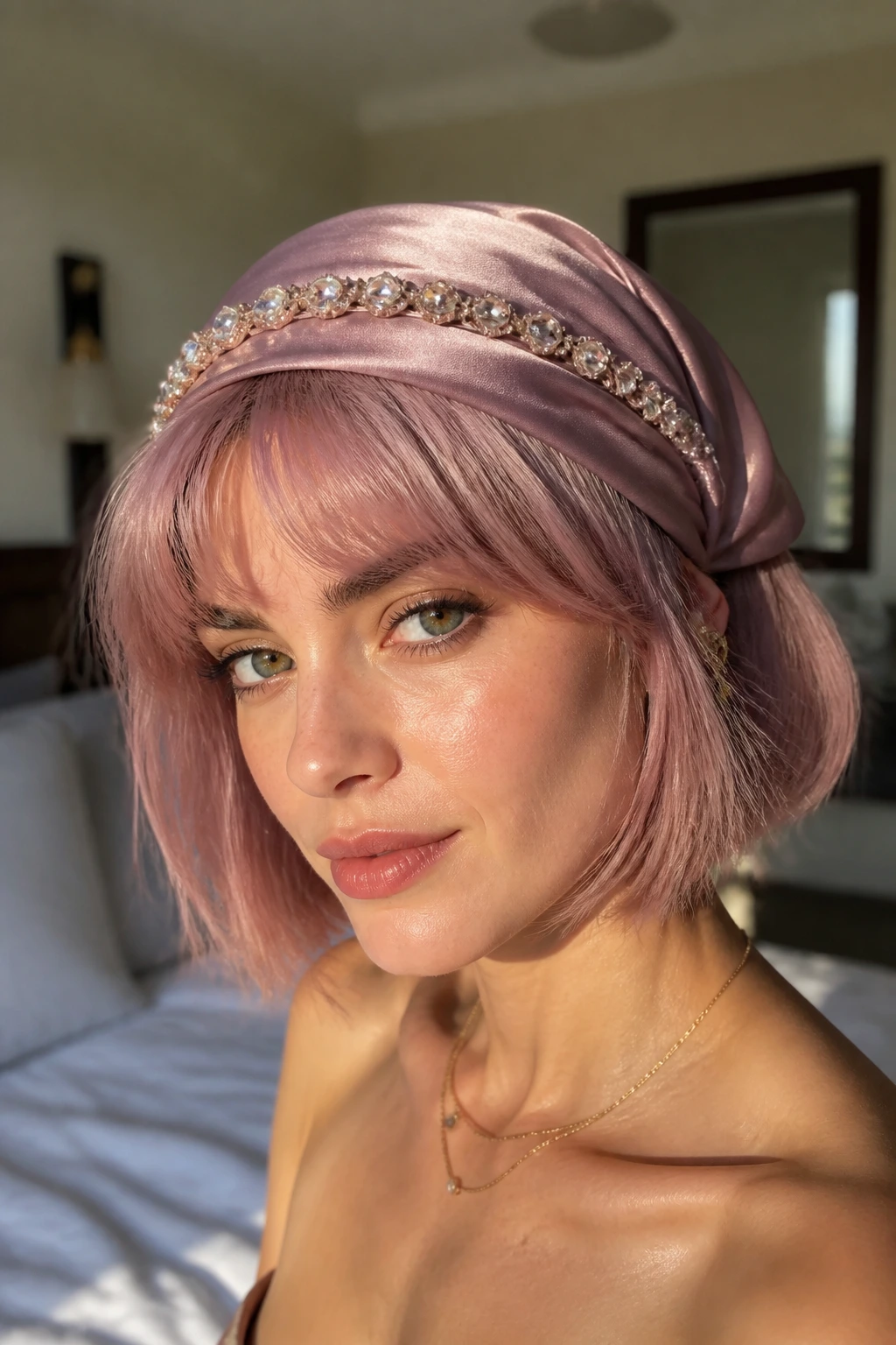 Close-up of mauve pink bob with jeweled headscarf on real woman, warm window light