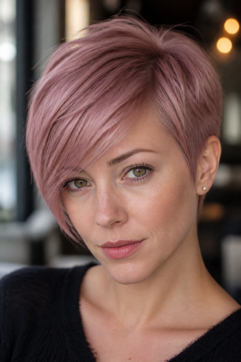 Real person with mauve pink pixie cut and side-swept bangs