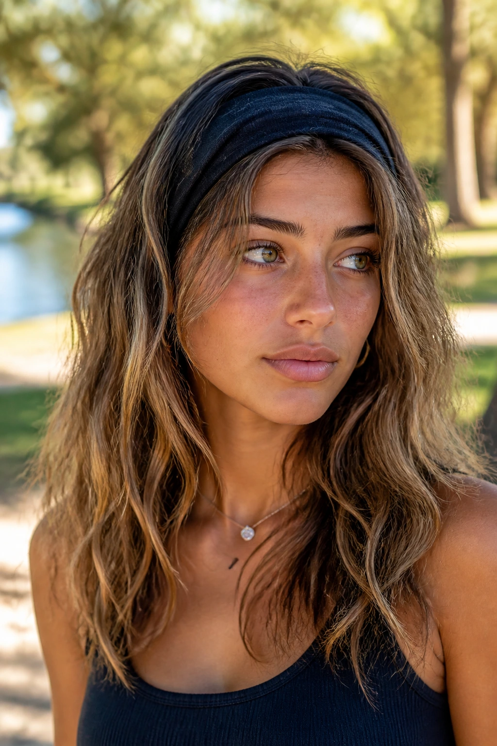 Real woman with messy beach waves and thick headband in a sunny park