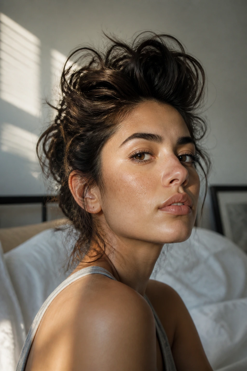 Close-up of a real person with messy bedhead quiff in a bedroom
