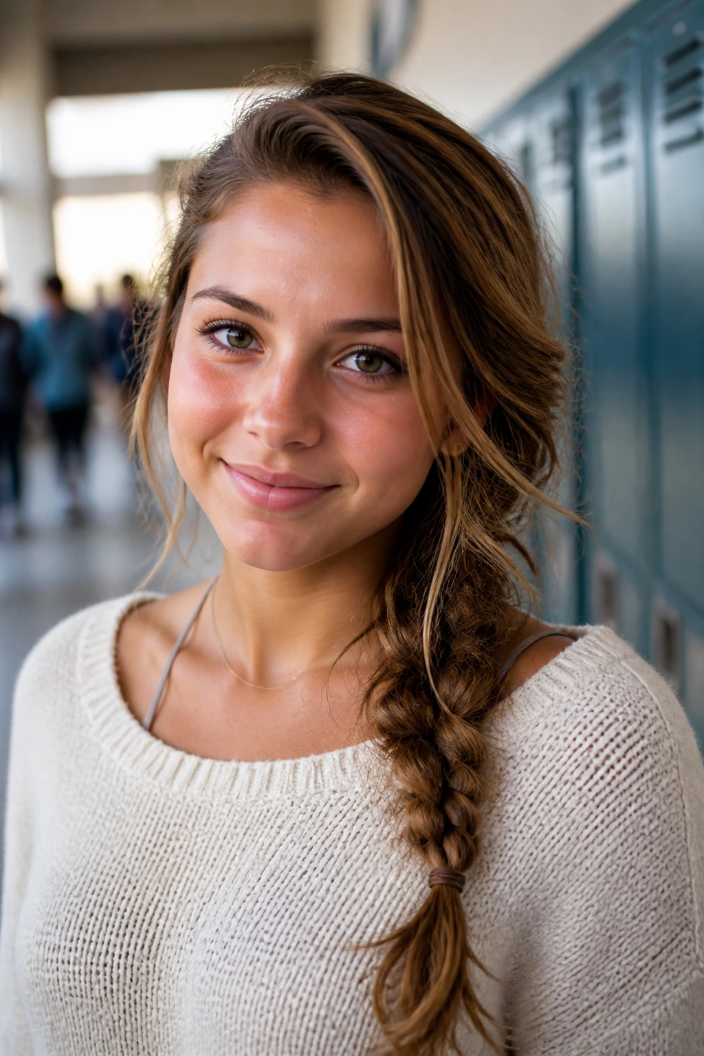 Close-up of a real student with a loose, messy braided side sweep