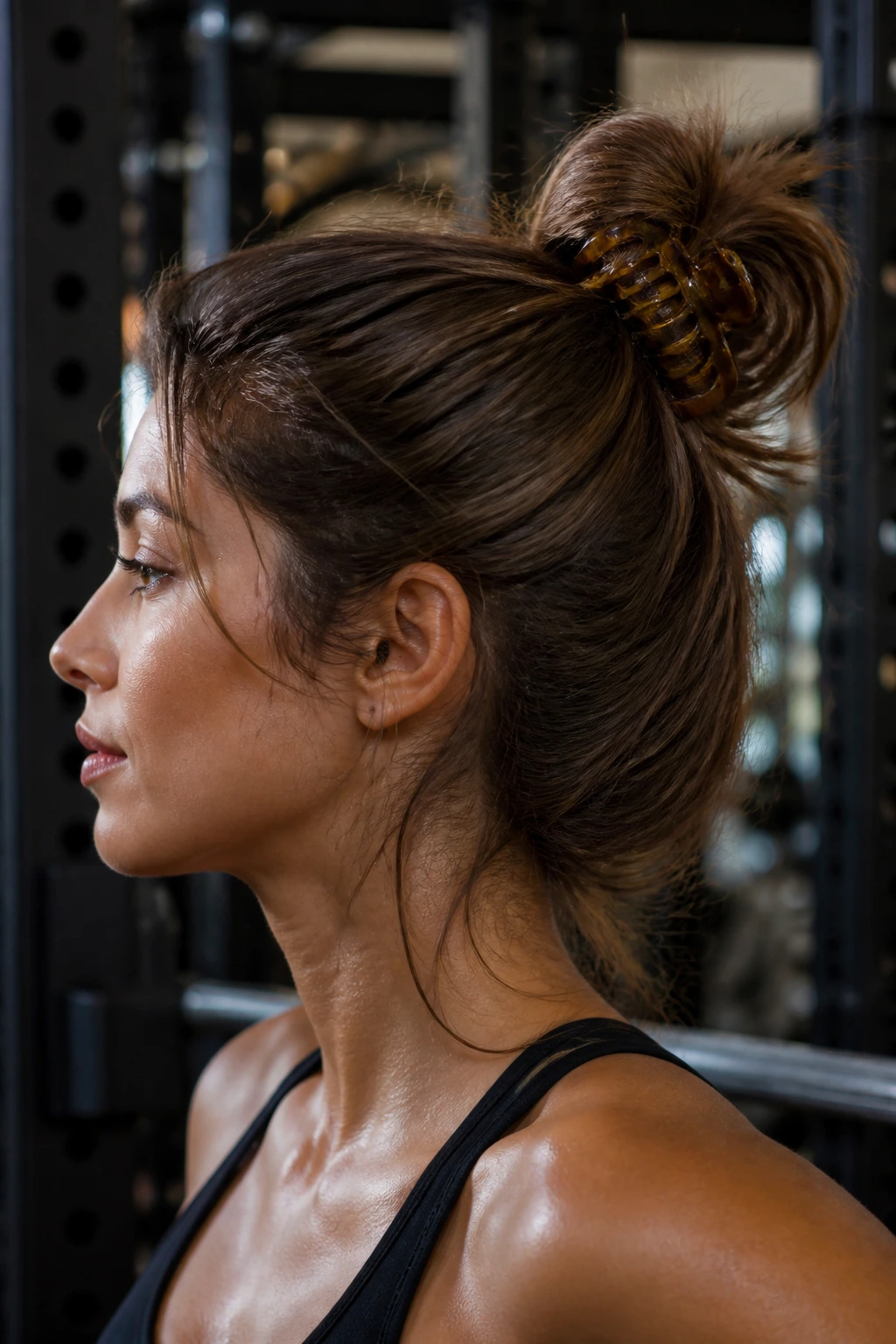 Close-up of woman with messy bun secured by claw clip in gym