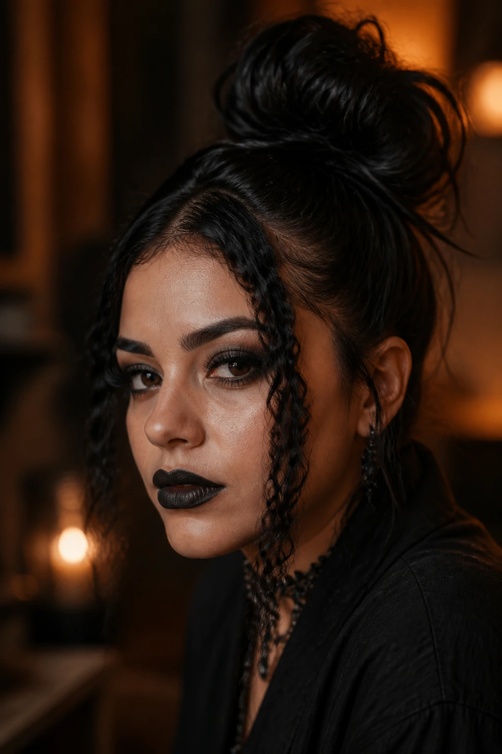 Latina woman with a high messy bun and crimped face-framing strands