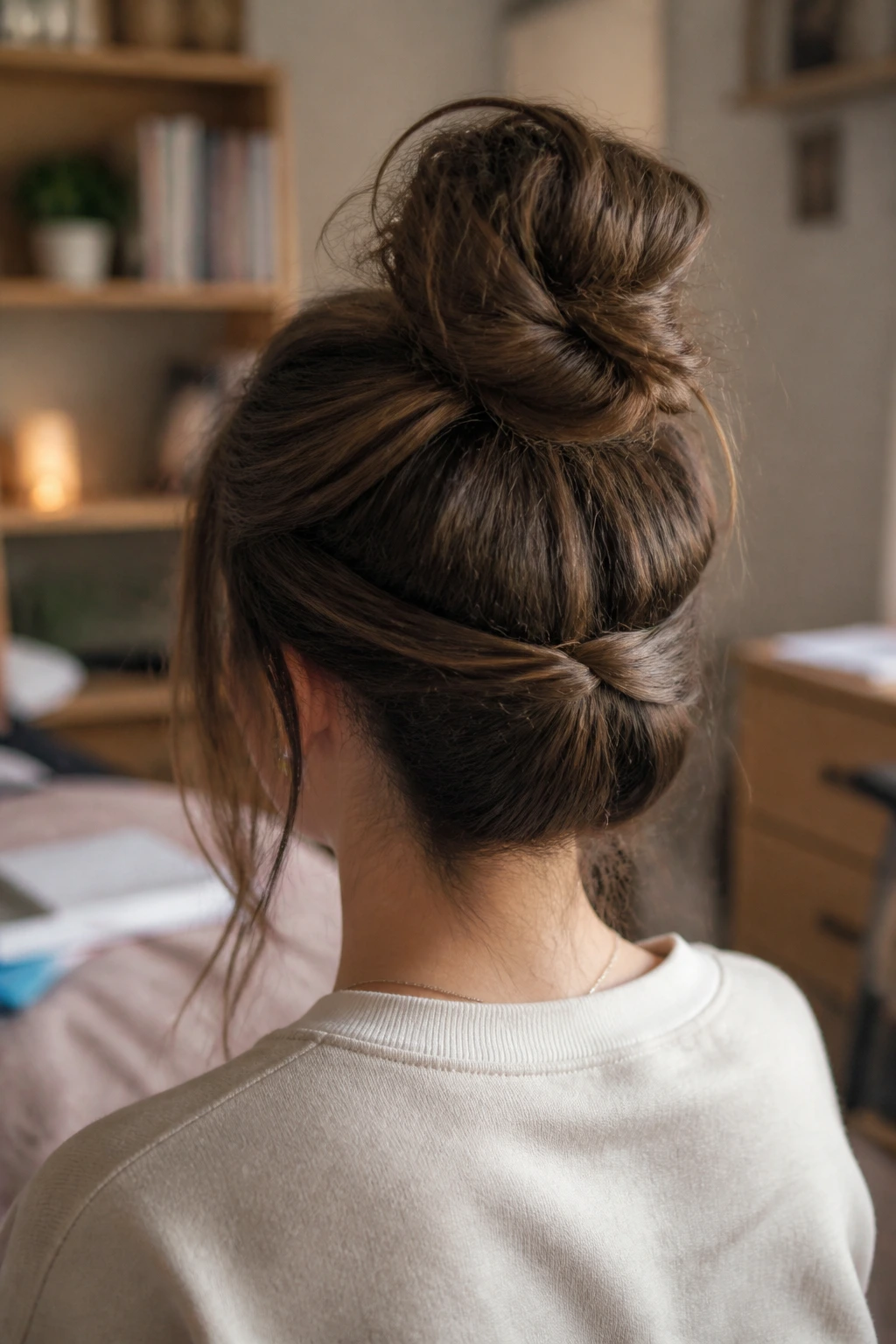 Rear view of deconstructed messy bun on real teen