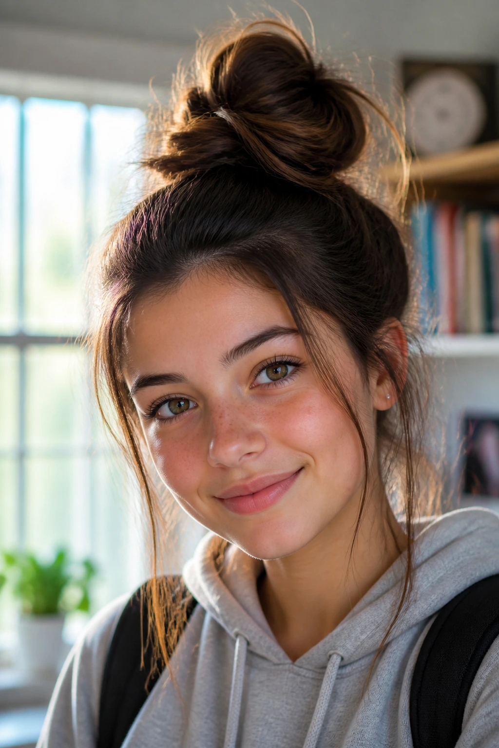 Real student with a high messy bun and hidden scrunchie