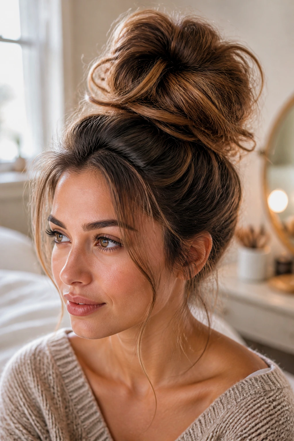 Close-up of a real woman with a voluminous high bun in a cozy bedroom setting