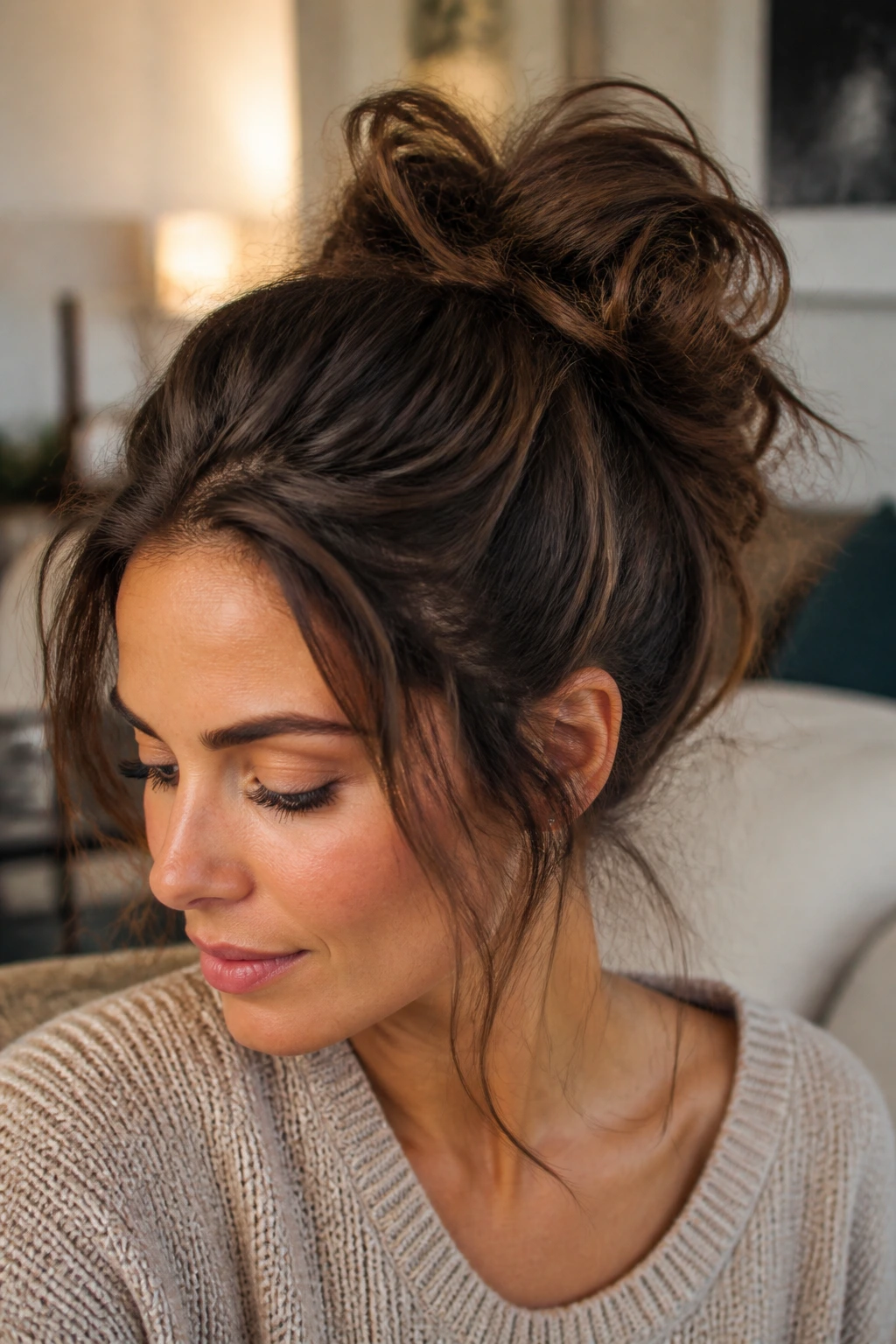 Close-up of a real person with a high-volume messy bun-pony hybrid in a cozy indoor setting
