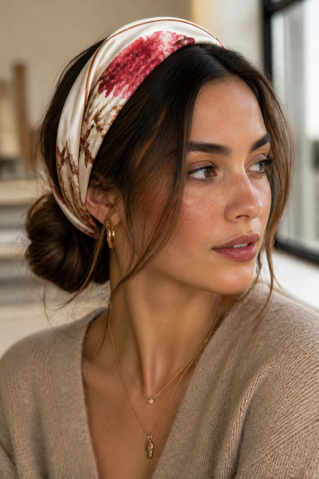 Real woman wearing a low messy bun with a face-framing silk scarf