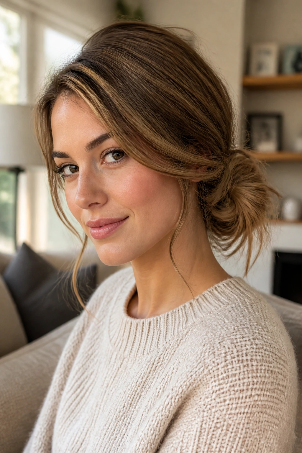 Close-up of a real woman with a loose low side bun behind the ear