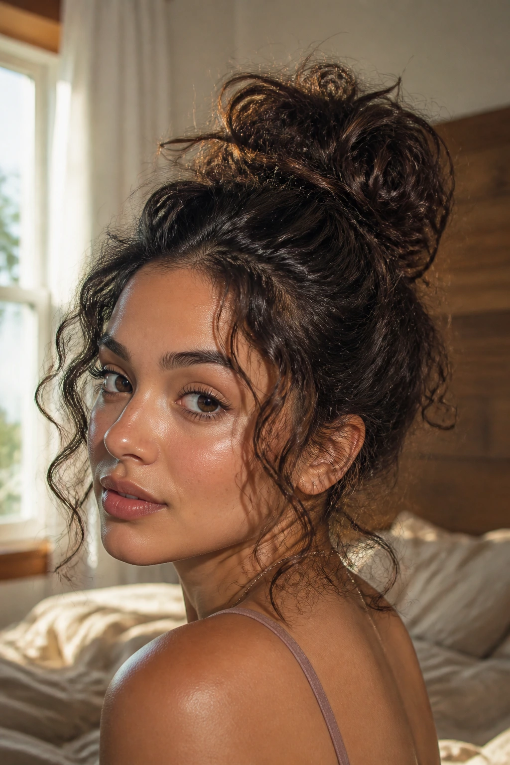 Close-up portrait of a real woman with a messy bun and tendrils around her face in soft window light