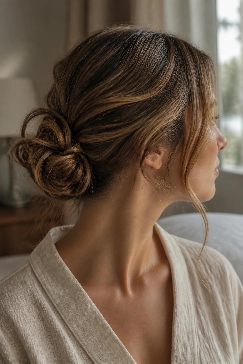 Close-up of a real woman wearing a messy low chignon at the nape
