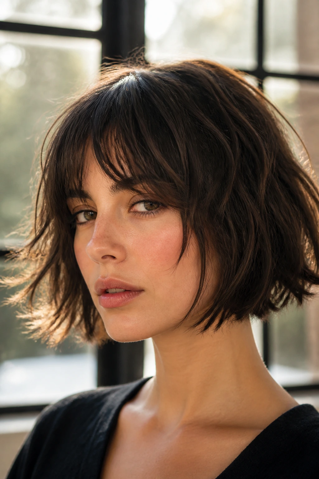 Close up of a woman with a messy French bob