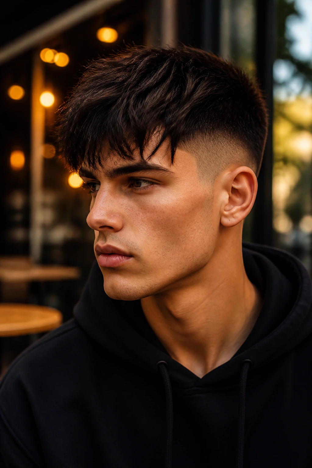Close-up portrait of a man with messy fringe and high taper in an urban setting