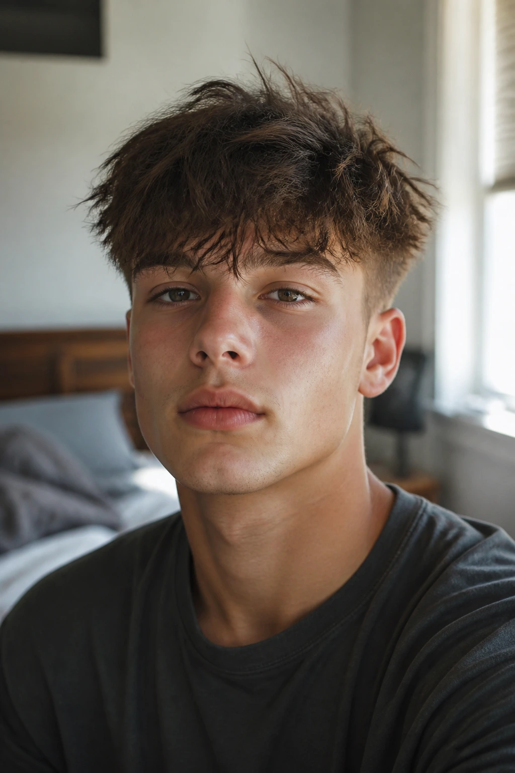 Close-up portrait of a real teenage boy with a messy fringe