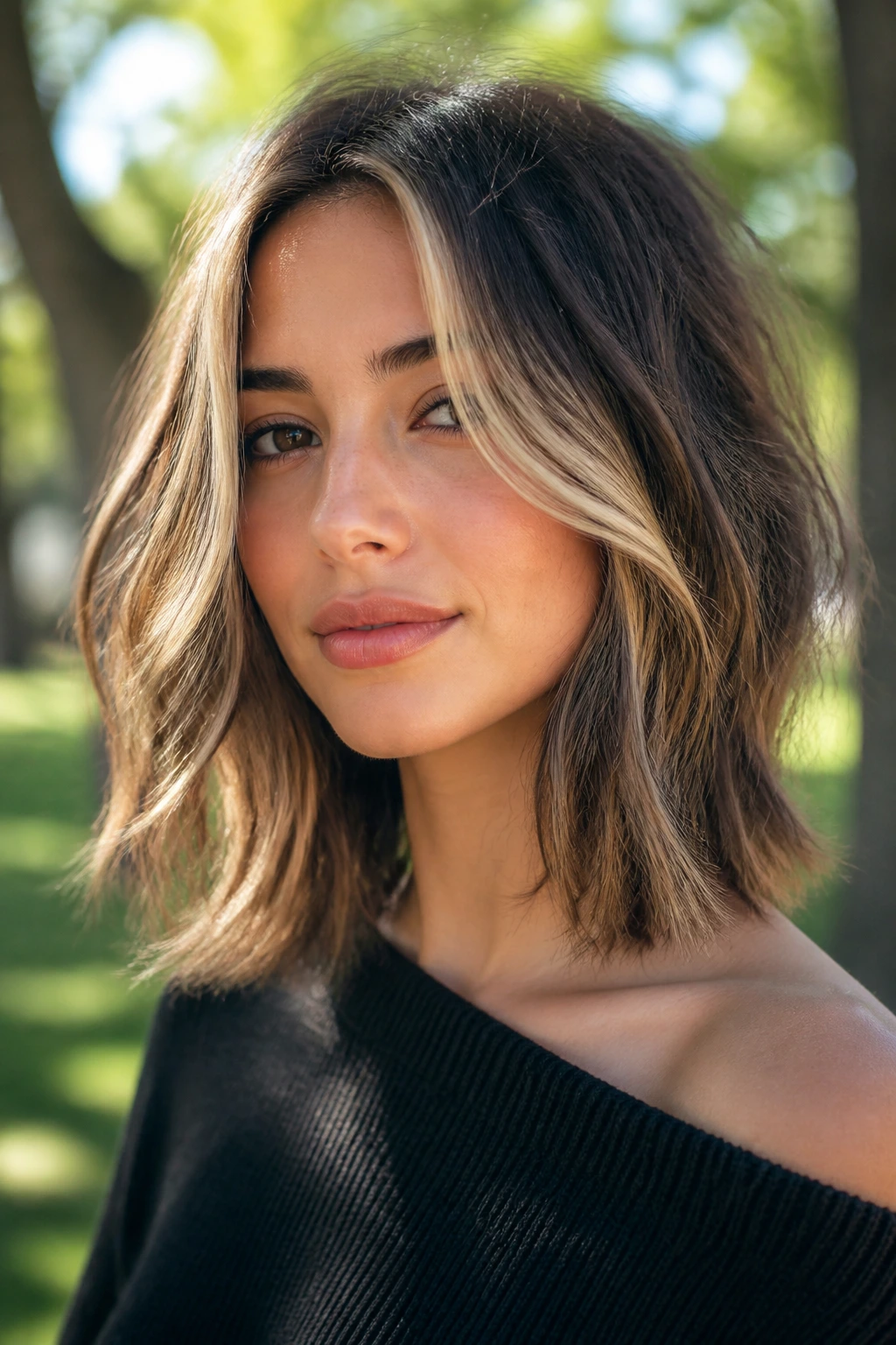 Close-up of a woman with a messy long bob and money-piece highlights