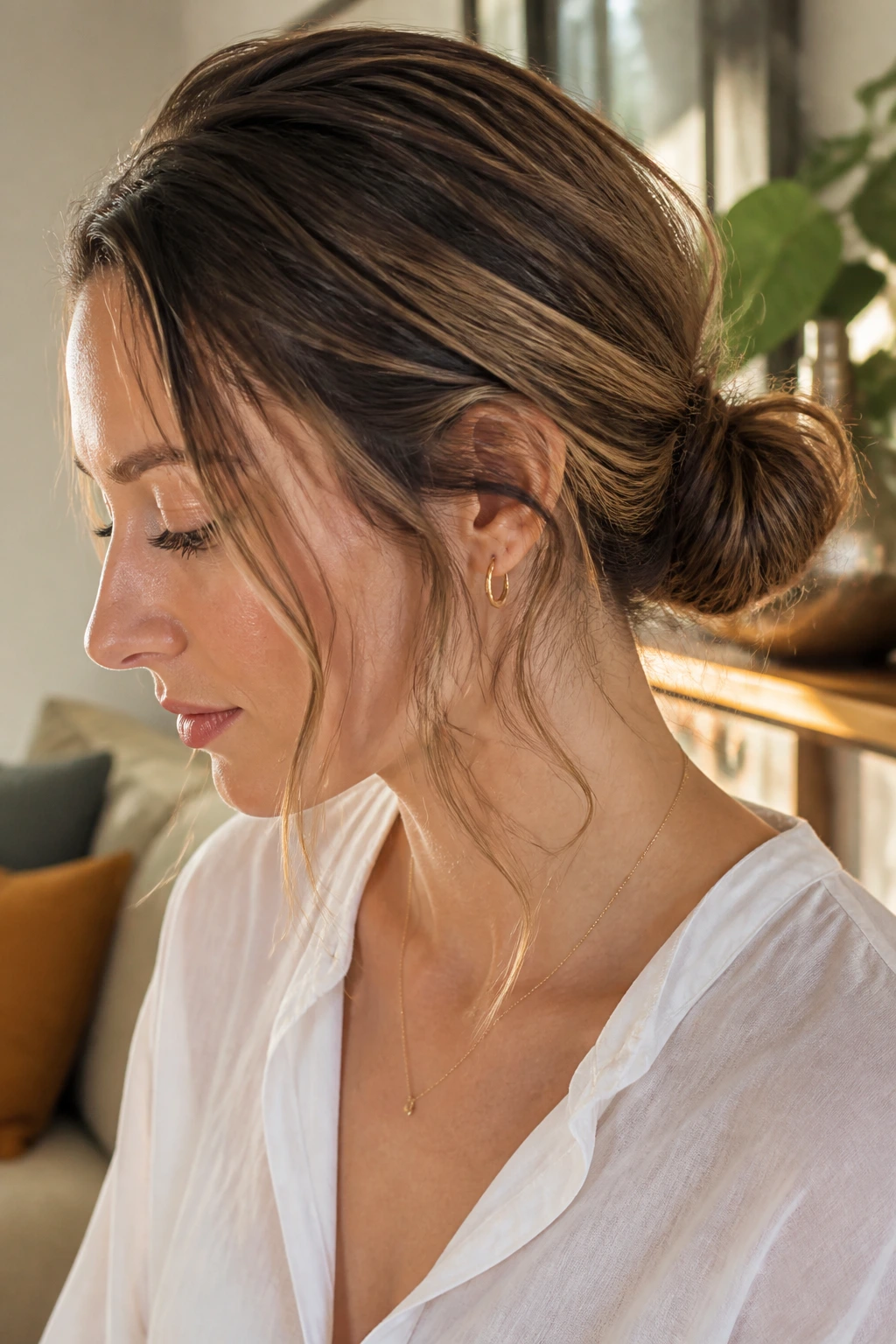 Close-up portrait of a real woman with a messy low bun at the nape.