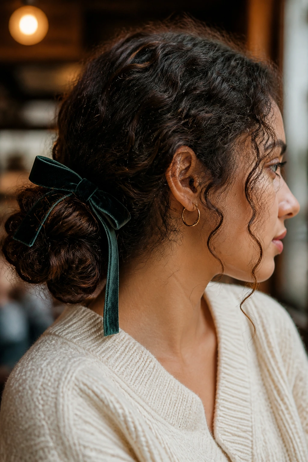 Close-up of a real student wearing a messy low bun with a velvet ribbon in a dorm setting.