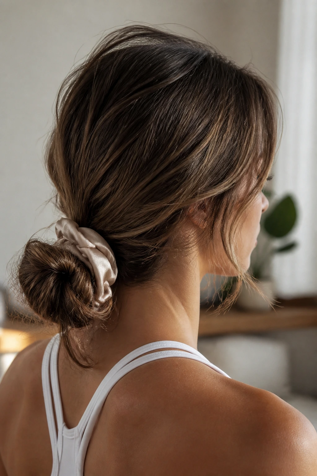 Real person with a messy low bun secured by a silk scrunchie