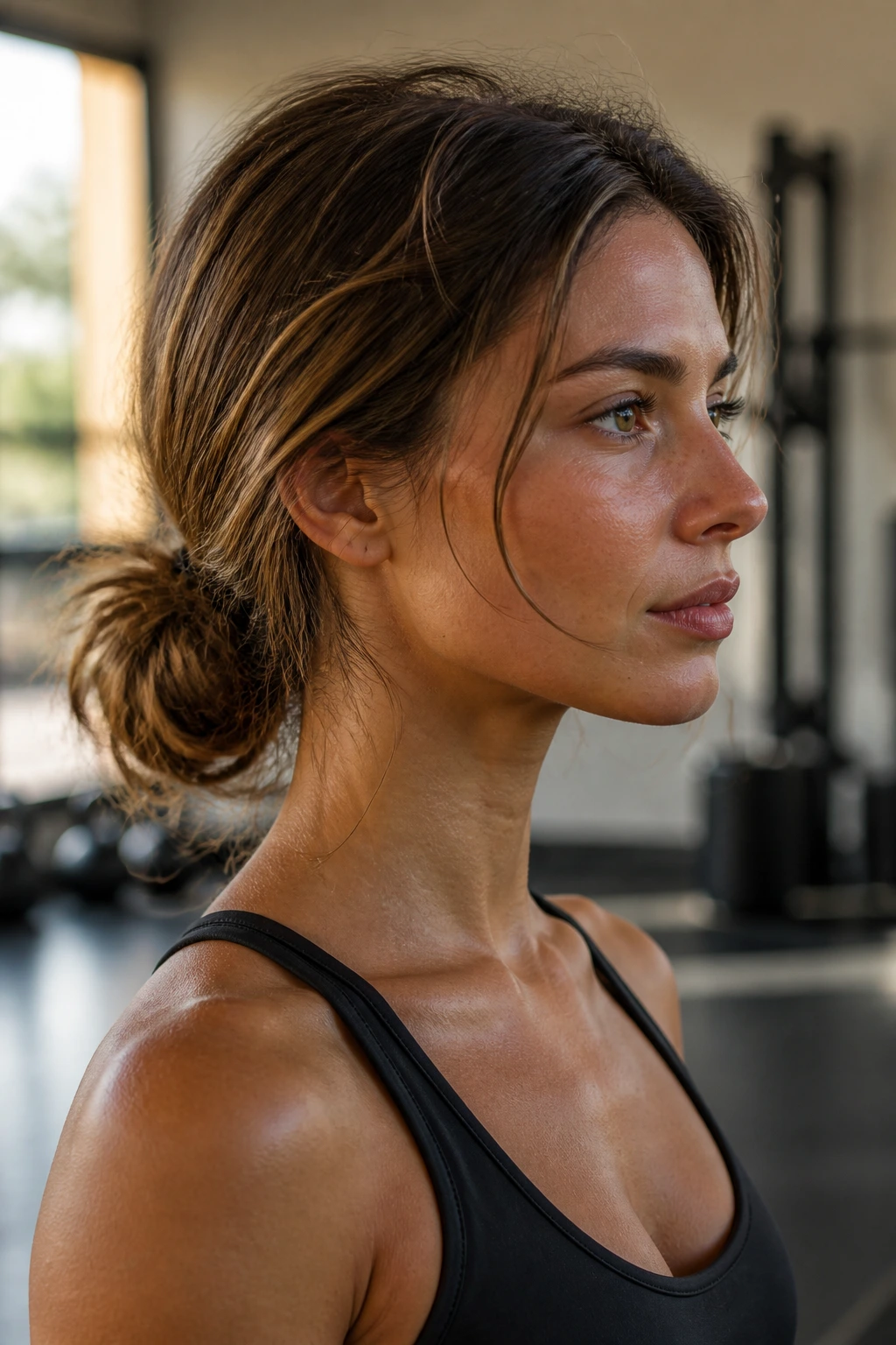Real person with messy low bun during workout