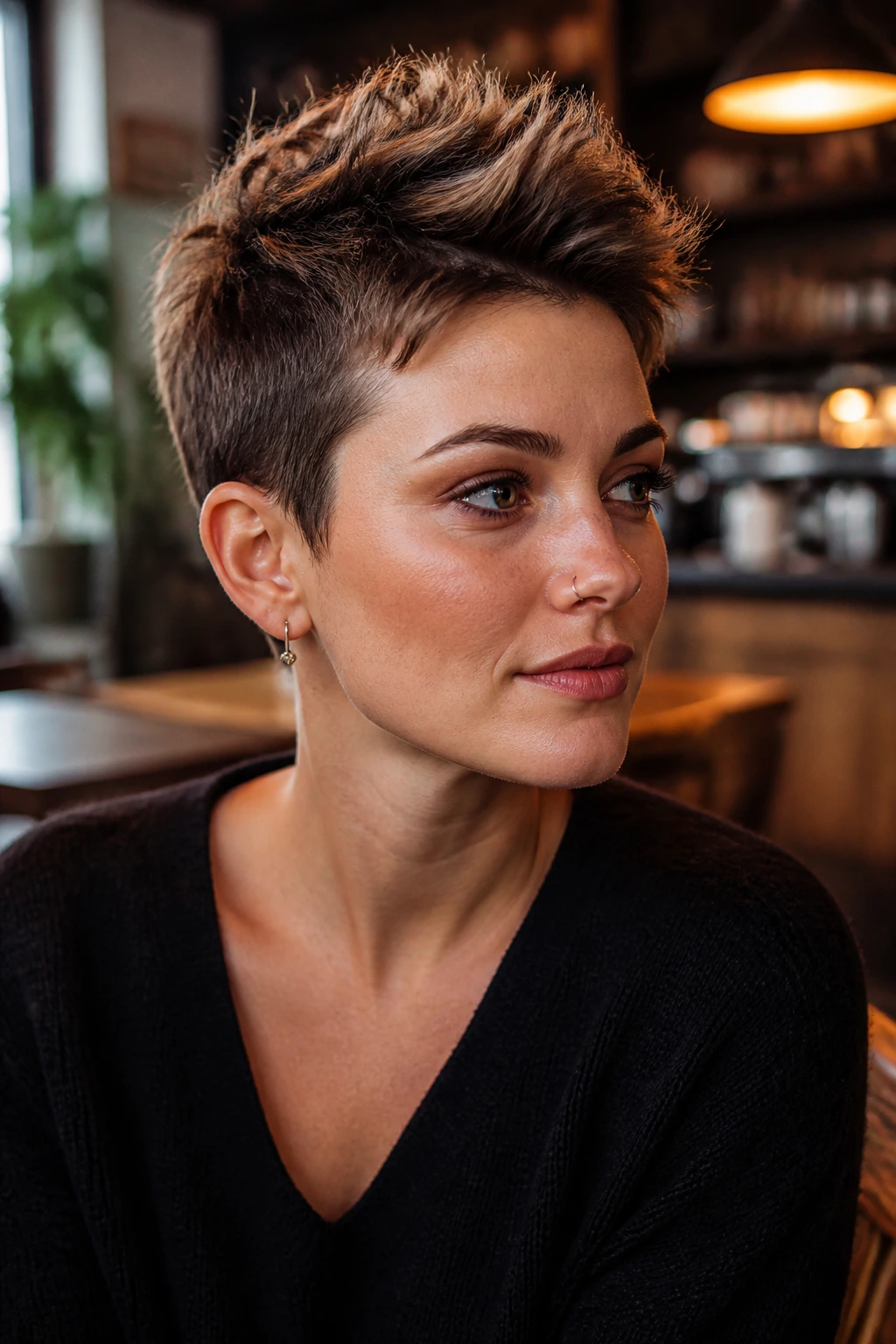 Close-up of real person with messy pixie-hawk hairstyle
